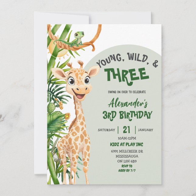 Invitación Green Giraffe Young Wild Three Third Birthday (Anverso)