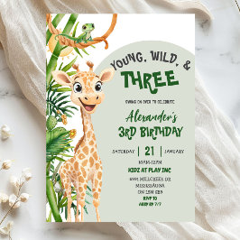 Invitación Green Giraffe Young Wild Three Third Birthday