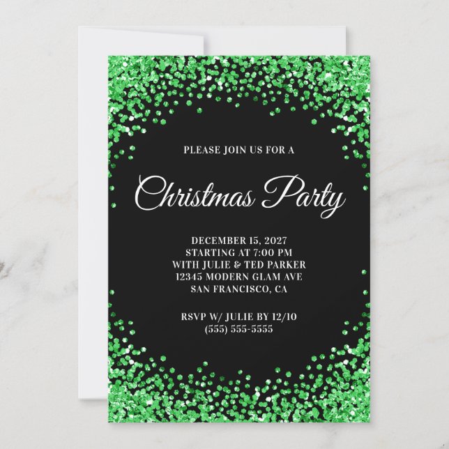 Invitación Green Glitter Border Black Christmas Party (Anverso)