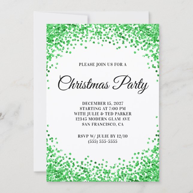 Invitación Green Glitter Border White Christmas Party (Anverso)