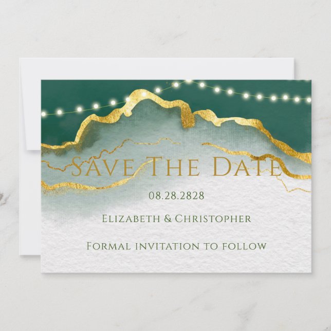 Invitación Green Gold Agate y Light Save the Date Cards (Anverso)