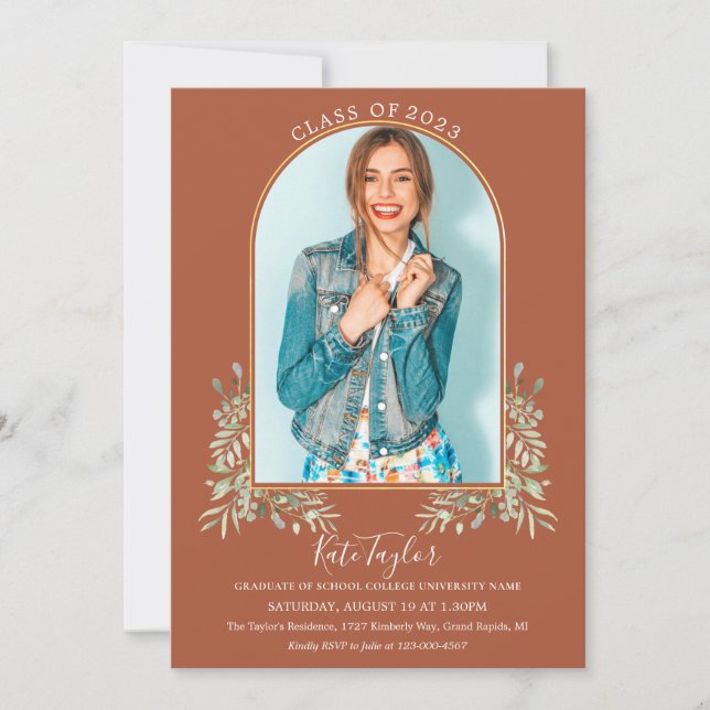 Invitación Green Gold Arch Terracotta Foto Graduación Inv (Anverso)