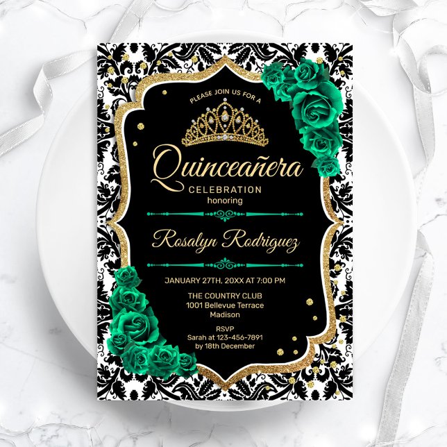 Invitación Green Gold Black Damask Elegant Quinceanera (Subido por el creador)