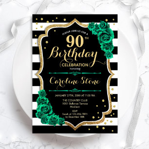 Invitación Green Gold Black & White Stripes 90 cumpleaños