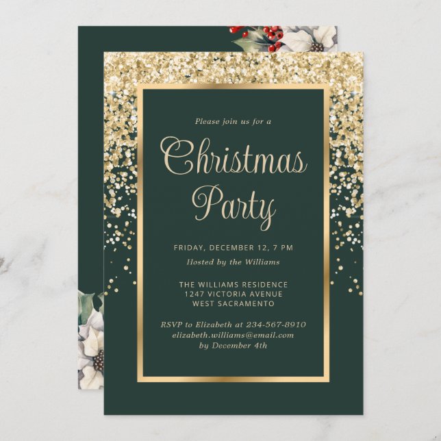 Invitación Green Gold Confetti Botanical Christmas Party (Anverso / Reverso)