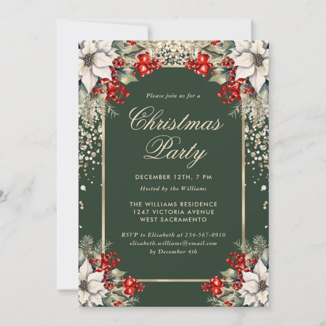 Invitación Green Gold Confetti Holly Berries Christmas Party (Anverso)