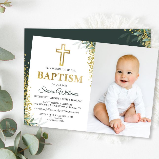 Invitación Green Gold Cross Purpurina Baptism Photo (Subido por el creador)
