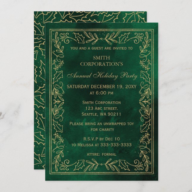 Invitación Green Gold Elegant Corporate Holiday Party (Anverso / Reverso)