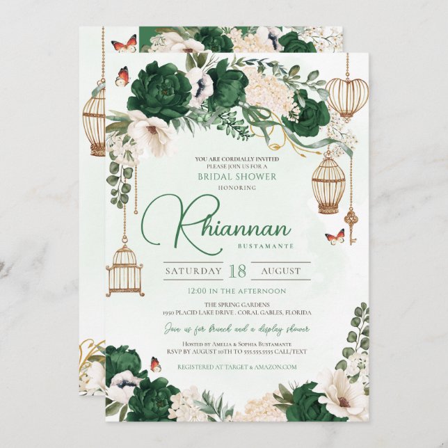 Invitación Green & Gold Elegent Floral Garden Bridal Shower (Anverso / Reverso)