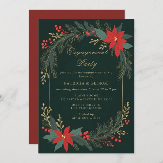Invitación Green Gold Floral Christmas Engagement Party (Anverso / Reverso)