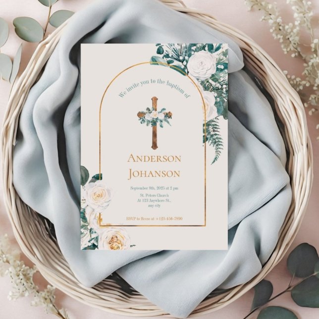 Invitación Green Gold Floral Cross Christian Baptism (Subido por el creador)