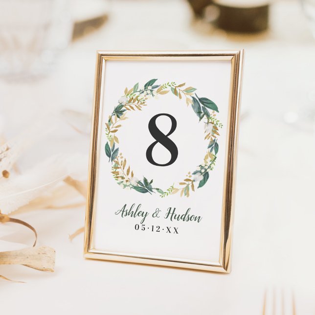 Invitación Green Gold Floral Greenery Boda Número de tabla (Subido por el creador)