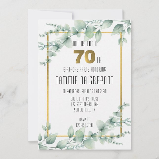 Invitación Green Gold Greenery Eucalyptus 70th Birthday Party (Anverso)