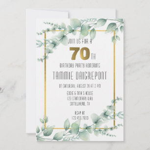 Invitación Green Gold Greenery Eucalyptus 70th Birthday Party