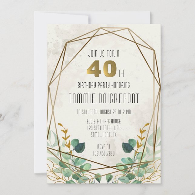 Invitación Green Gold Greenery Geometric 40th Birthday Fiesta (Anverso)