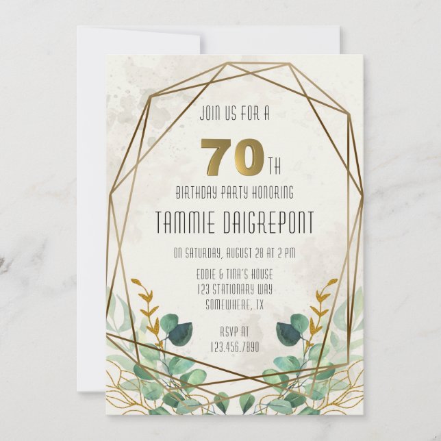 Invitación Green Gold Greenery Geometric 70th Birthday Party (Anverso)