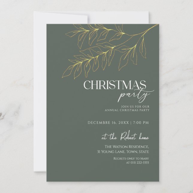 Invitación Green & Gold Leaf Christmas Party  (Anverso)