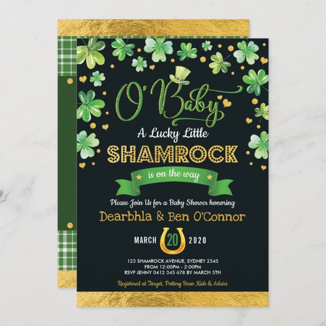 Invitación Green Gold Lucky Shamrock Baby Shower Chalkboard (Anverso / Reverso)