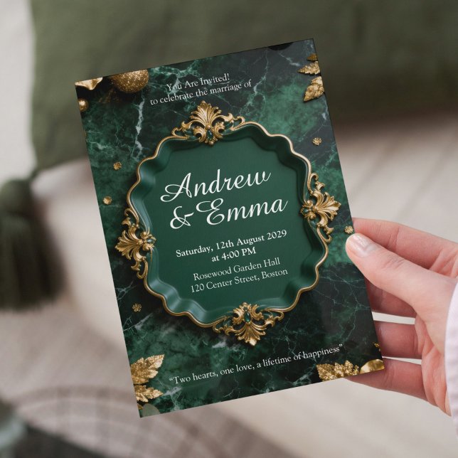 Invitación Green Gold Marble Wedding Invitation (Subido por el creador)