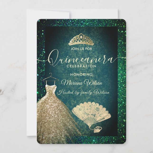 Invitación Green Gold purpurina vestido tiara fan Quinceañera (Anverso)
