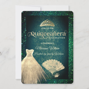 Invitación Green Gold purpurina vestido tiara fan Quinceañera