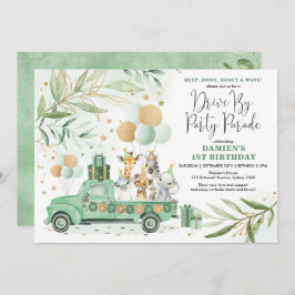 Invitación Green Gold Safari Drive By Birthday Parade