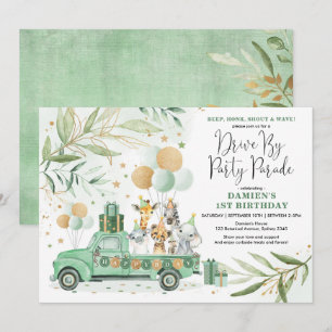 Invitación Green Gold Safari Drive By Birthday Parade