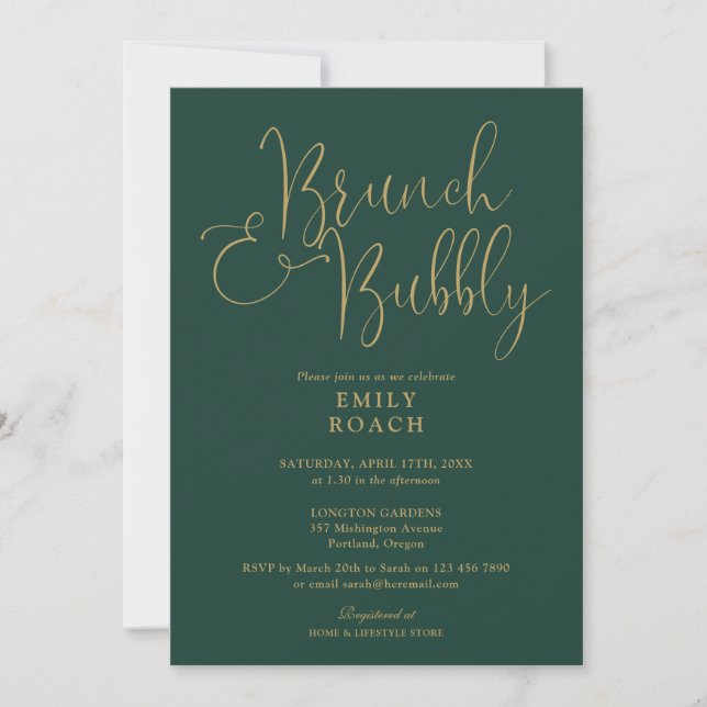 Invitación Green Gold Script Brunch Bubbly Bridal Shower (Anverso)