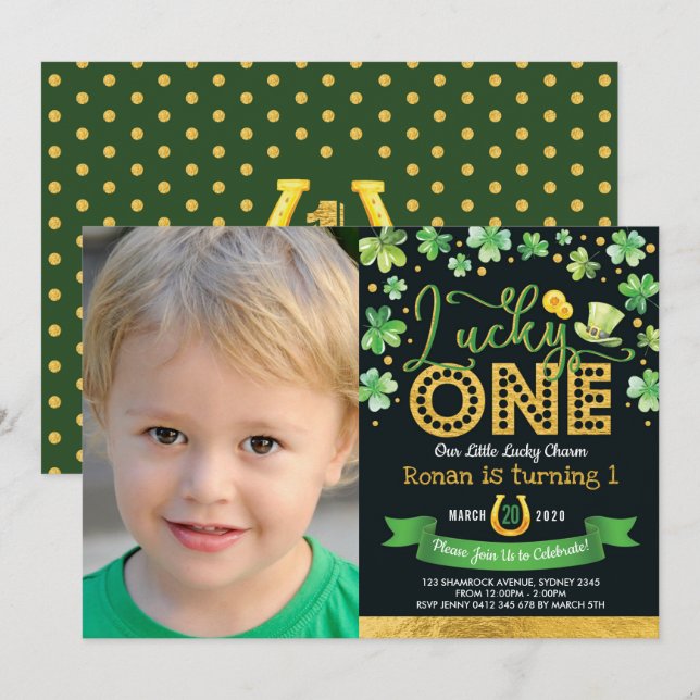 Invitación Green Gold Shamrock Lucky Charm 1er cumpleaños fot (Anverso / Reverso)