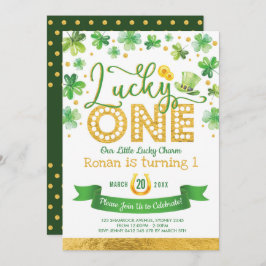Invitación Green Gold Shamrock Lucky One First Birday Fiesta