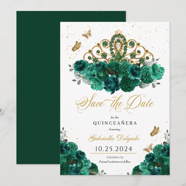 Invitación Green & Gold Tiara Salven La Fecha Quinceañera (Anverso / Reverso)