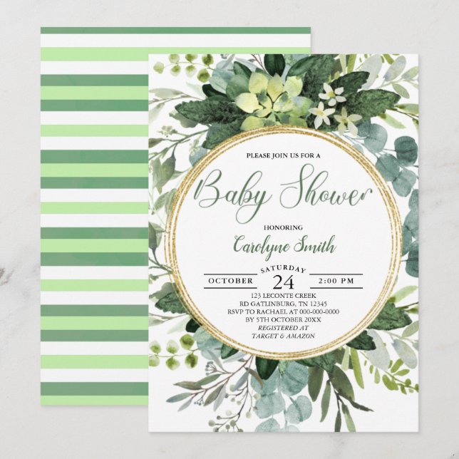 Invitación Green Gold Watercolor Baby Shower Botánico (Anverso / Reverso)