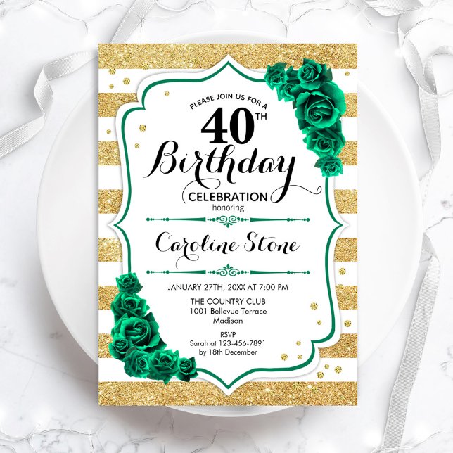 Invitación Green Gold White Stripes Floral 40 cumpleaños (Subido por el creador)