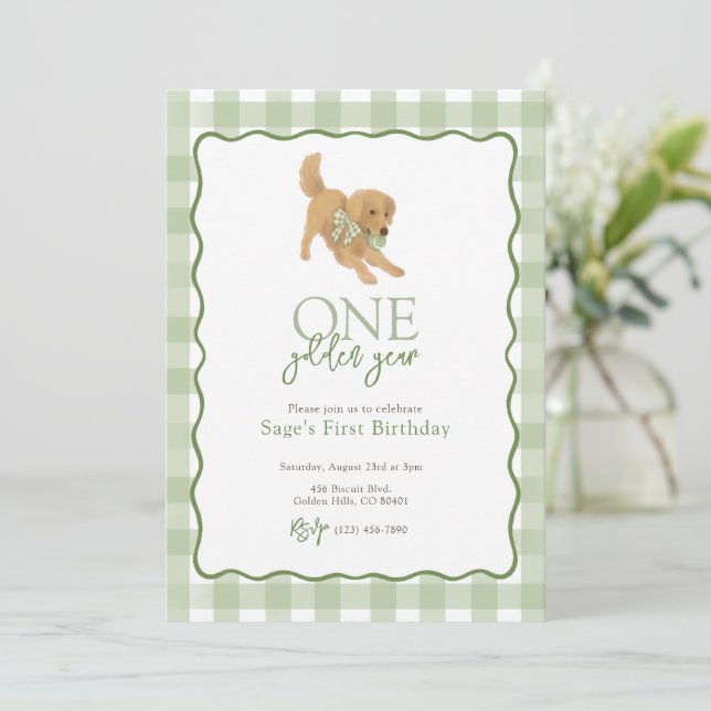 Invitación Green Golden Retriever Golden Year First Birday (Anverso de pie)