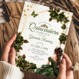 Invitación Green Golden Tiara Roses Butterfly Quinceañera