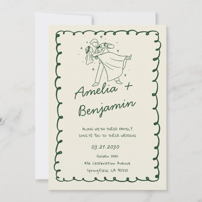 Invitación green hand drawn couple Whimsical Wedding  (Anverso)