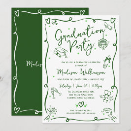 Invitación Green Hand Drawn Doodle Graduation Fun White Party