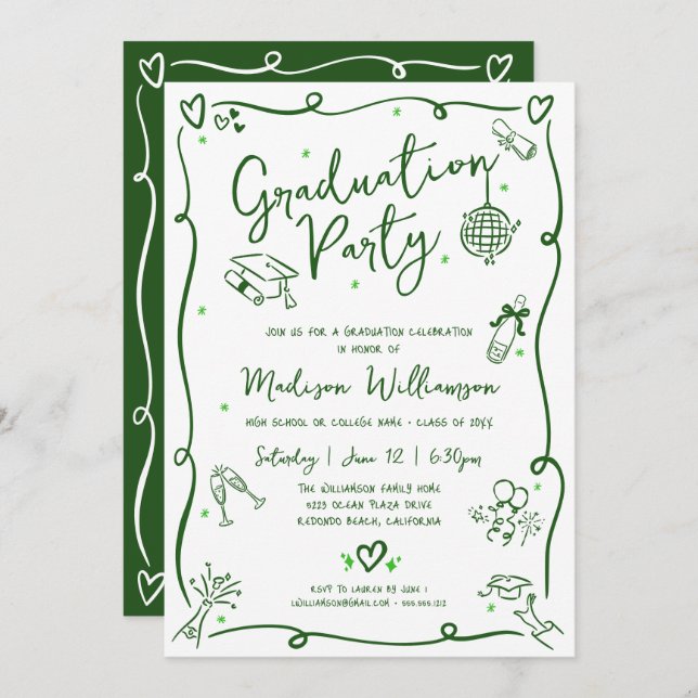 Invitación Green Hand Drawn Doodle Graduation Fun White Party (Anverso / Reverso)