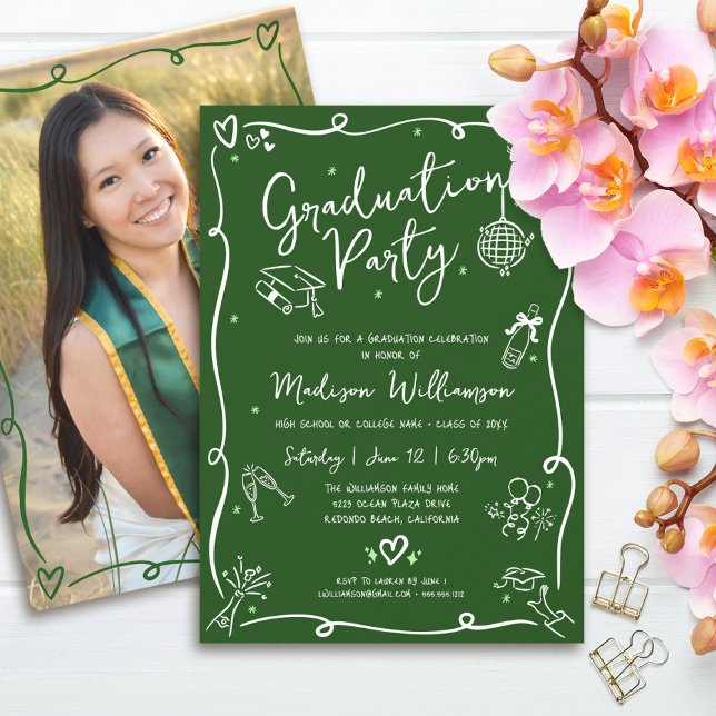 Invitación Green Hand Drawn Doodles Photo Graduation Party (Subido por el creador)