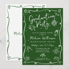 Invitación Green Hand Drawn Doodles Style Graduation Party