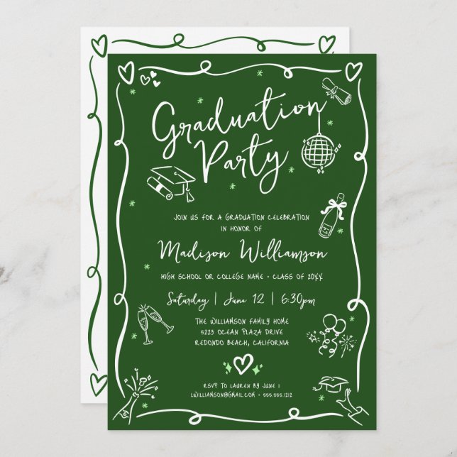 Invitación Green Hand Drawn Doodles Style Graduation Party (Anverso / Reverso)