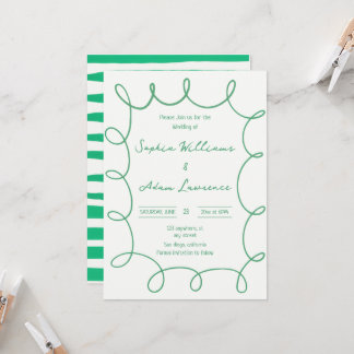 Invitación Green Hand Written Pinstripe Whimsical Wedding