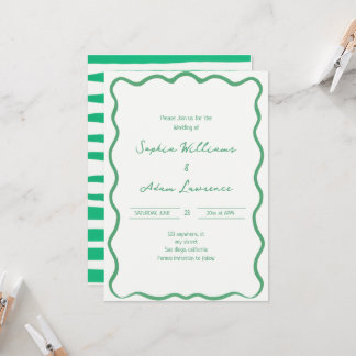 Invitación Green Hand Written Pinstripes Whimsical Wedding