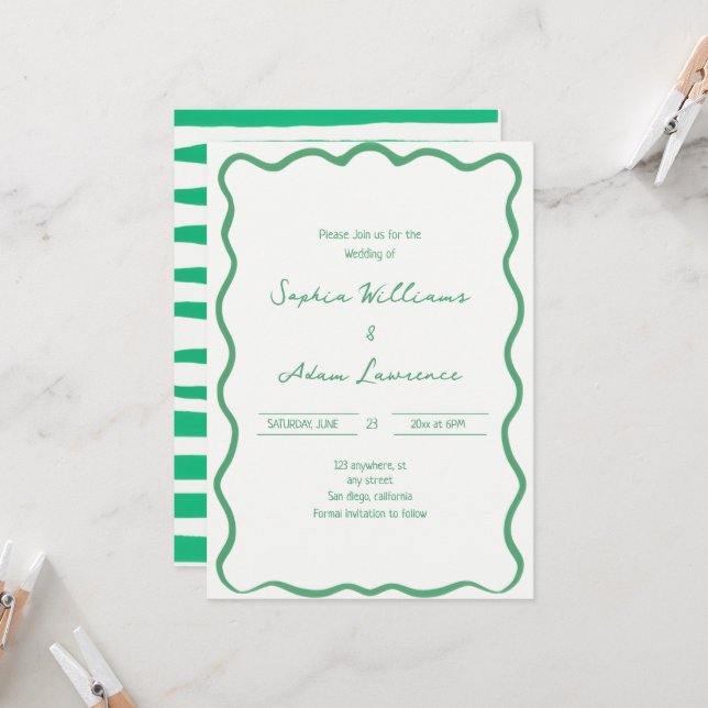 Invitación Green Hand Written Pinstripes Whimsical Wedding (Anverso/Reverso In Situ)