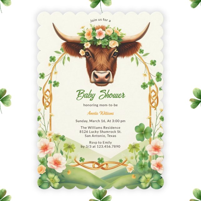 Invitación Green Highland Cow St Patricks Day Baby Shower (Green Highland Cow St. Patrick's Day Baby Shower Invitation)