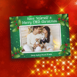 Invitación Green Holly Photo Merry Little Christmas Cards