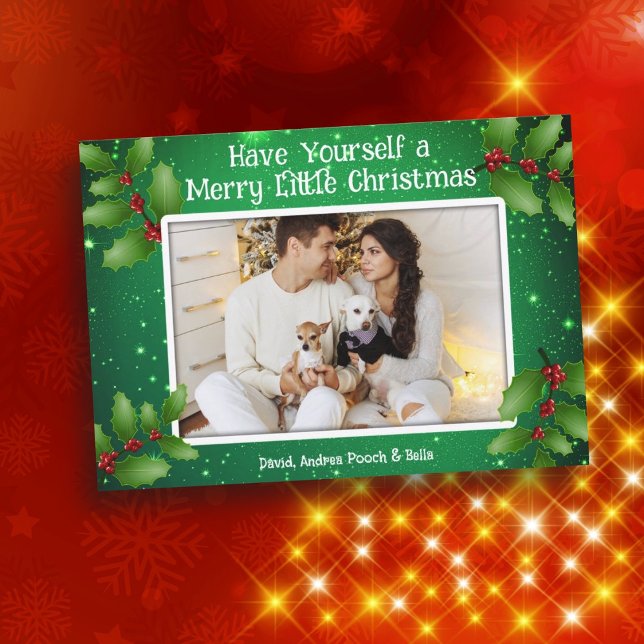 Invitación Green Holly Photo Merry Little Christmas Cards (Subido por el creador)