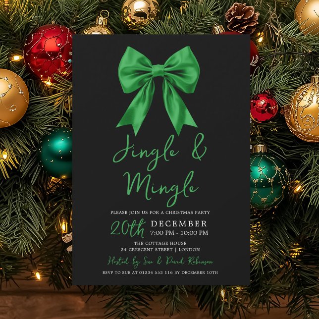 Invitación Green Jingle & Mingle Christmas Party Bow Black  (Green Jingle & Mingle Christmas Party Bow Black Invitation)