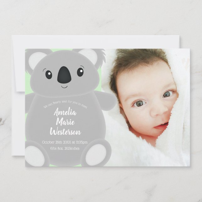Invitación Green Koala Bear Baby Shower (Anverso)