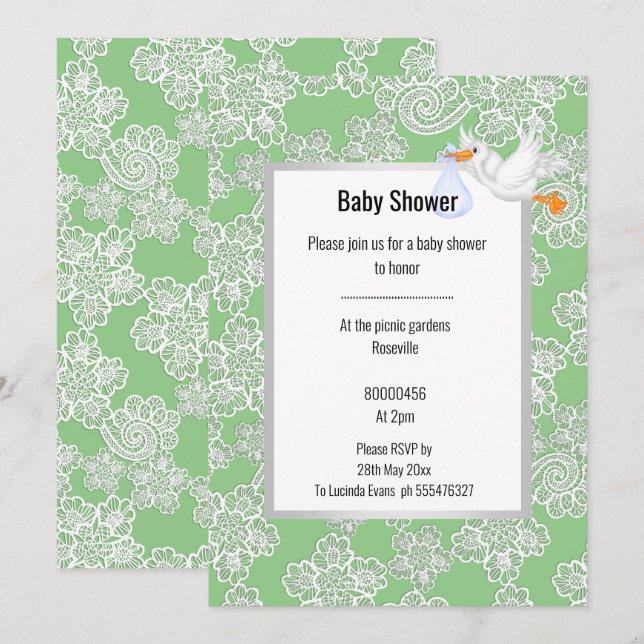 INVITACIÓN GREEN LACE DETAIL WHITE STORK BABY SHOWER (Anverso / Reverso)